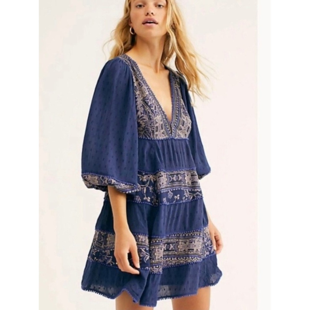 Free People Navy Blue Embroidered Tiered Mini Dress Pom Pom Trim Womens Large